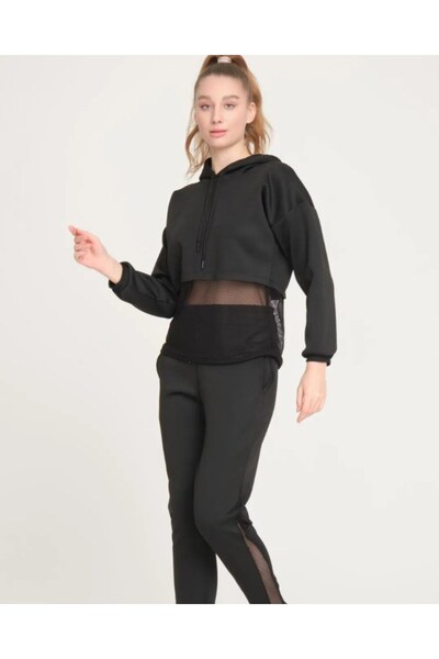 NOXLY File Detaylı Kadın Scuba Eşofman Takımı – Kapüşonlu Crop Sweat & Slim F...