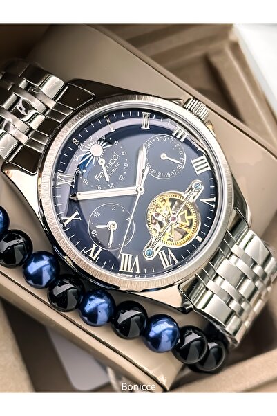Ferrucci Automatic (Battery-Free) Men's Wristwatch, Steel Band, Waterproof, Silver - Navy Blue Color Bracelet Gift