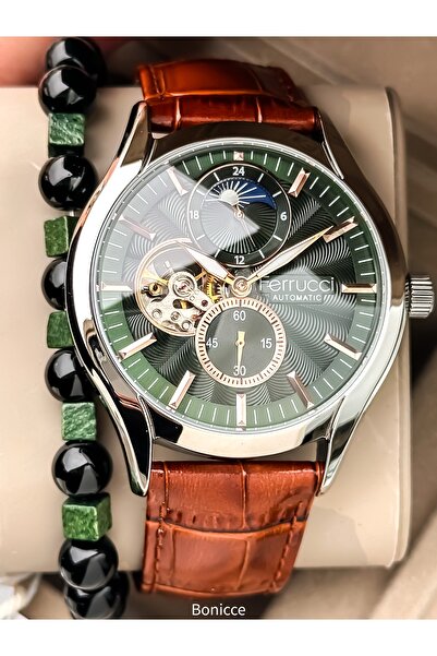 Ferrucci Automatic Men's Watch Leather Strap Brown Function, Prayer Beads Bracelet