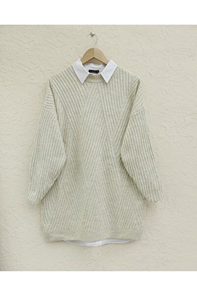 Modamorfo Gestrickte Strick-Tunika mit Rautenmuster – Stein