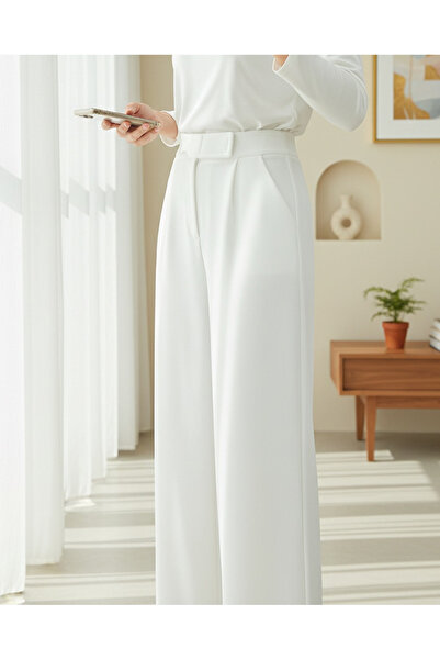 Modamorfo Beli Hook and Loop Detail Pipe Leg Fabric Trousers - White