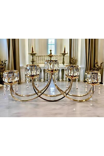 city gold Yatay Lüx Kristal Taşlı Gold Şamdan