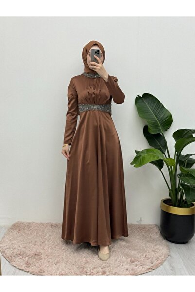 HİJABAYA Satin Evening Dress - Collar and Waist with Stone Detail