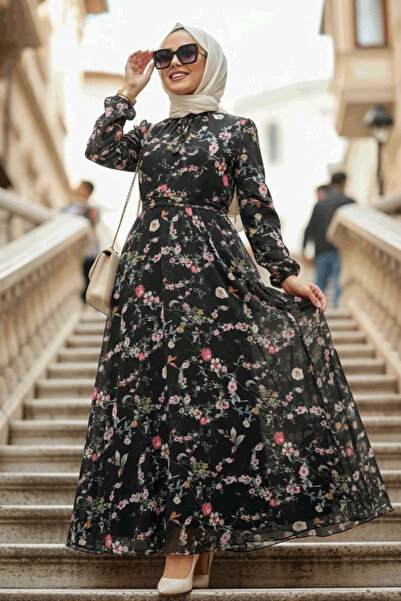 Neva Style Φόρεμα Μαύρο Χιτζάμπ με Μοτίβο Λουλούδια 279032S