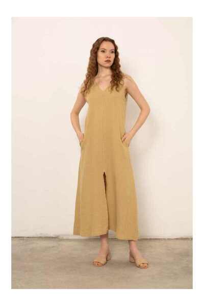 İpekçi Otantik V Yakalı Yırtmaçlı Ham Keten Elbise