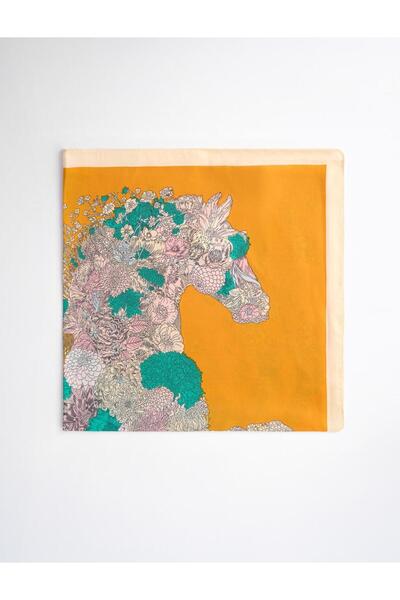 Jimmy Key Orange Horse Figured Scarf with Floral Detail