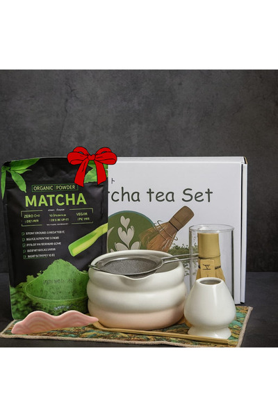 The Matcha Corner Matcha tea set + 100g matcha gift bag with bowl, strainer, spoon, bamboo whisk, and holder