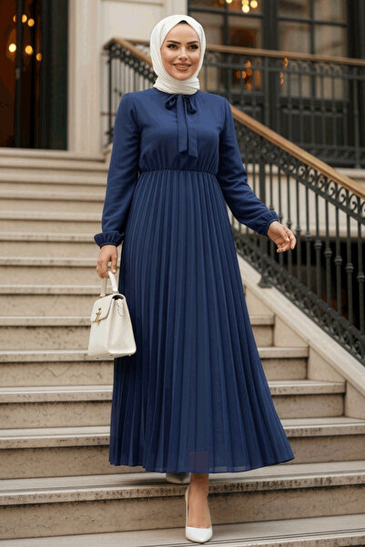 Neva Style Navy Blue Hijab Dress with Tie Collar 50351L