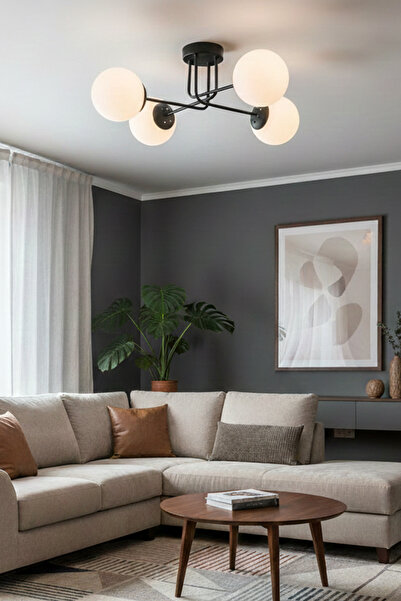 Modavize Safir Modern Tasarım Salon Yatak Odası Mutfak Siyah Renk Beyaz Camlı 4 lü Avize