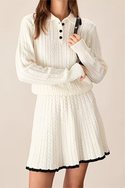 Cistern İstanbul Women's White Polo Neck Stripe Detailed Skirt Sweater Double Set