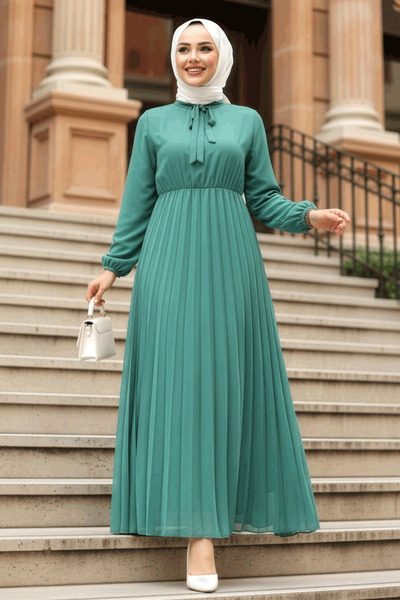 Neva Style Yakası Bağlamalı Çağla Yeşili Tesettür Elbise 50351CY