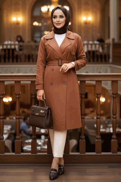Neva Style Καστόρινο καφέ Hijab Trench Coat - Με ζώνη, Μοντέλο 72091KH