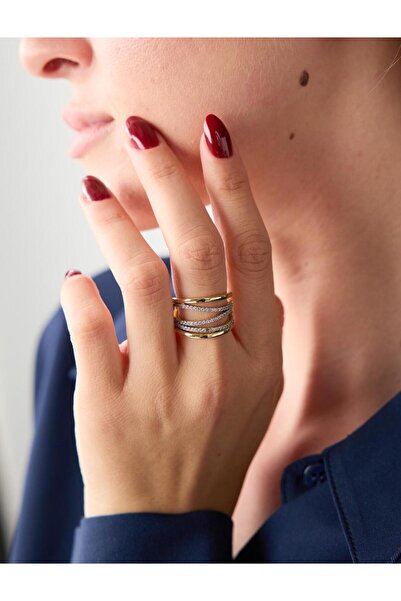 Jimmy Key Gold Color Shiny Stone Asymmetric Figure Ring