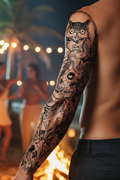 TAKIŞTIR Geçici Baykuş Ve Kuru Kafa Figürlü Kol Dövme Tattoo