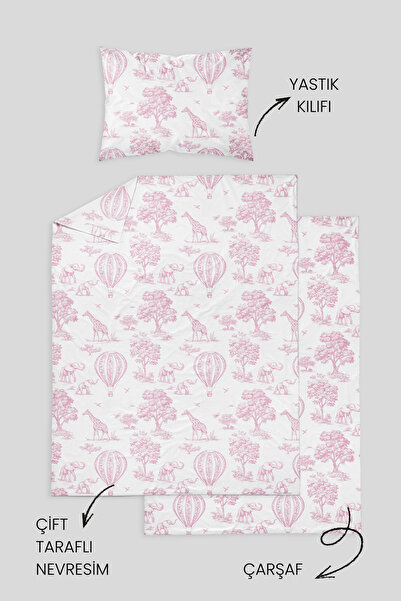 Messido 100% Cotton Poplin Baby Crib Bedding Set 80X120 cm - Pink Balloon Safari