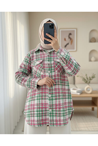 Modamorfo Tweed Shirt with Flap Pocket -Pink