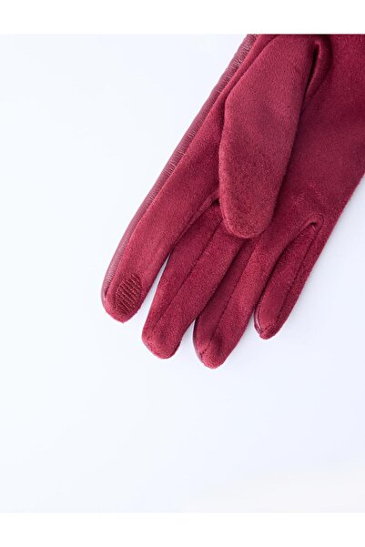 Jimmy Key Burgundy Leather-Look Plush Detailed Gloves