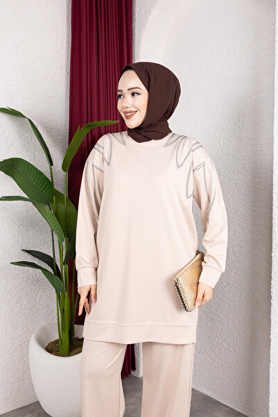 Sfg Life Moda Women's Beige Hijab Clothing Elegant Stone Detailed Tunic & Tro...