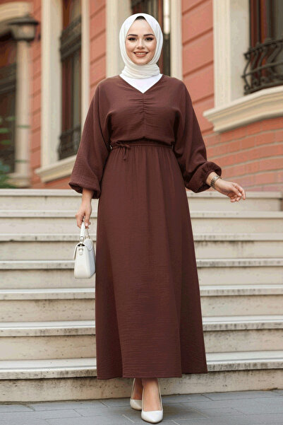 N.S NEVA STYLE فستان حجاب موسلين بني 19033KH