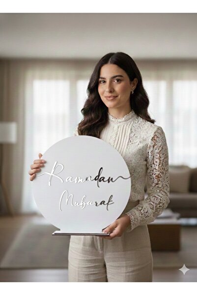 aycut Ramadan Mubarak Beyaz Ahşap Üzerine Gümüş Pleksi Masa Sofra Ünite Süsü ...