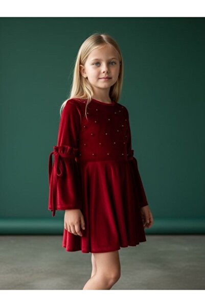 Zekids Rochie pentru fete din catifea cu mâneci cu perle