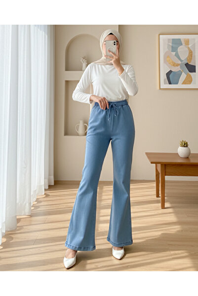 Modamorfo Flared Jeans with Elastic Waist and Lace Detail - Ice Blue