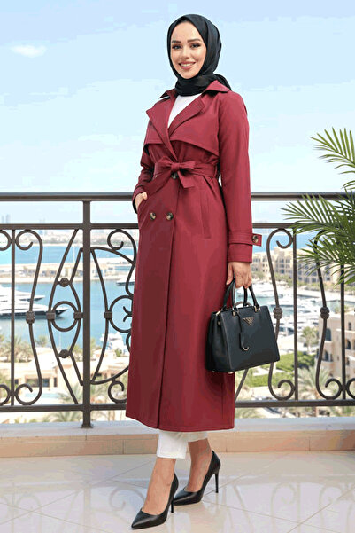N.S NEVA STYLE Κουμπωτή Claret Red Hijab Trench Coat 6103BR