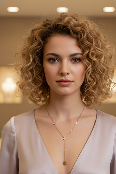 Birmem Kadın Gold Rengi Yonca Figürlü ve Zirkon Taşlı Y Model Çelik Kolye