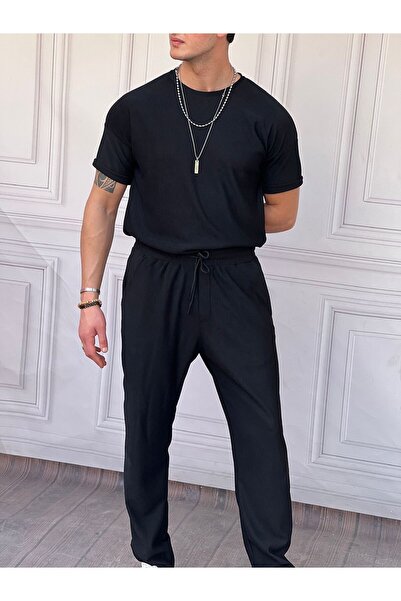 MODEFENDİ Erkek Siyah İnce fitil desen alt üst oversize takım