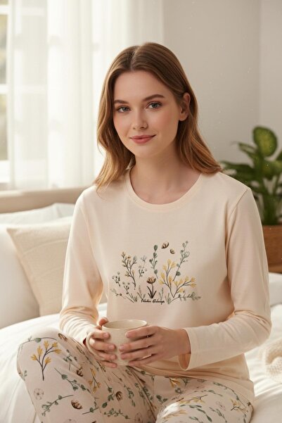 PİJAPİA Women's Ecru Long Sleeve 100% Cotton Pajama Set Comfortable and Soft Texture
