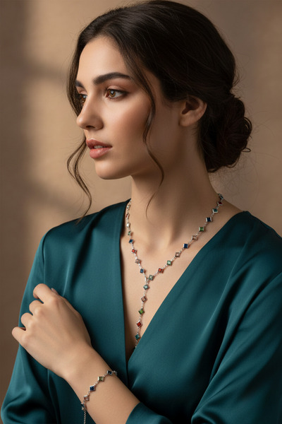 Birmem Kadın Gümüş Rengi Renkli Baklava Kesim Taşlı Y Kolye ve Bileklik Çelik Takı Seti