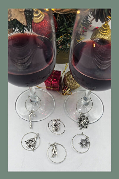 UNIQOM 6'lı Yılbaşı Temalı Gümüş Bardak/Fincan/Kadeh Süsü Işaretleyici / Küpe...