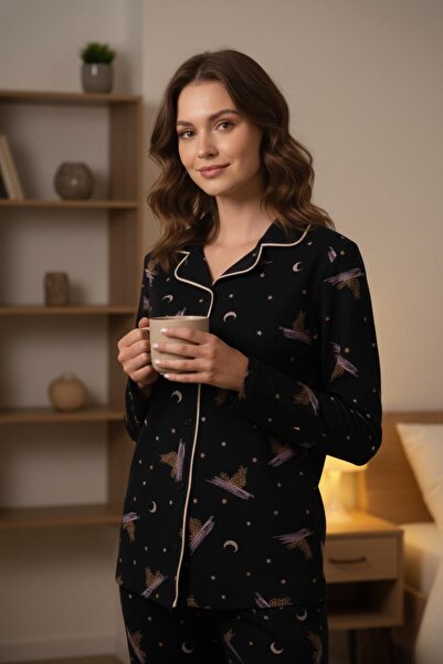 PİJAPİA Γυναικείο Σετ Πιτζάμες με μακριά μανίκια με κουμπιά Ναυτικό μπλε 100%...