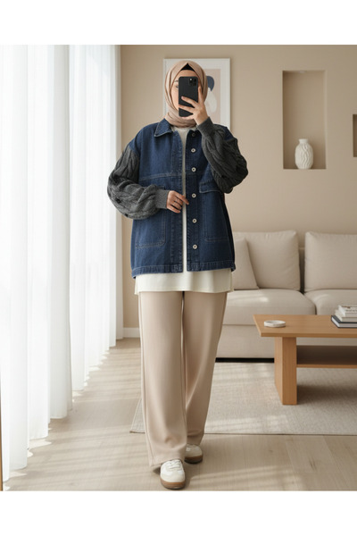 Modamorfo سترة دنيم نسائية بتفاصيل أكمام محبوكة -32041CKT