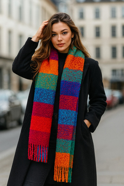 Adorisse Turuncu Kare Desenli Püsküllü Kalın Sıcak Tutan Şık Kışlık Atkı Sal1292