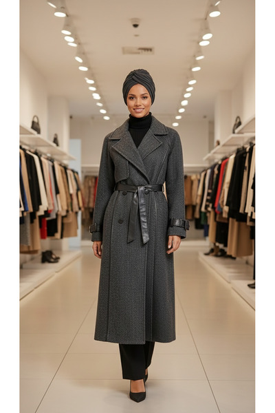 dml giyim Leather Detailed Herringbone Cashmere Coat