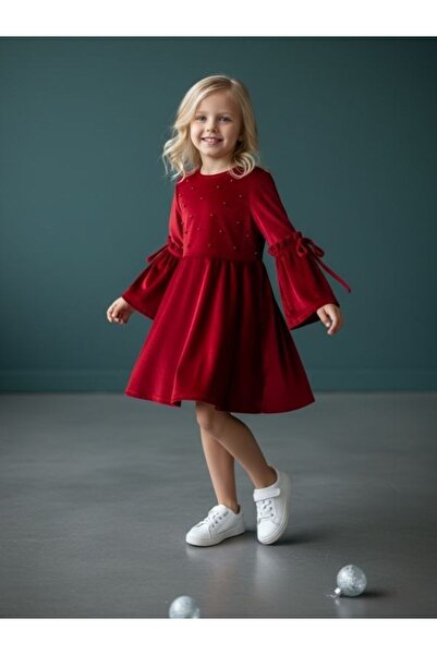 Zekids Rochie pentru fete din catifea cu mâneci cu perle