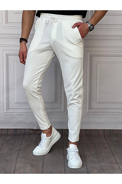MODEFENDİ Men's White Jogger Pants with Zipper Detail