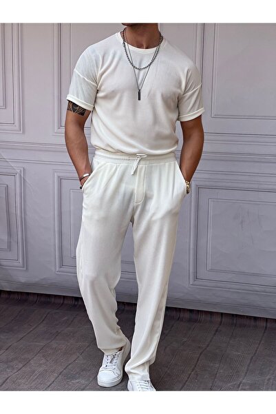 MODEFENDİ Men's White Thin Wicking Pattern Top and Bottom Set of Oversized