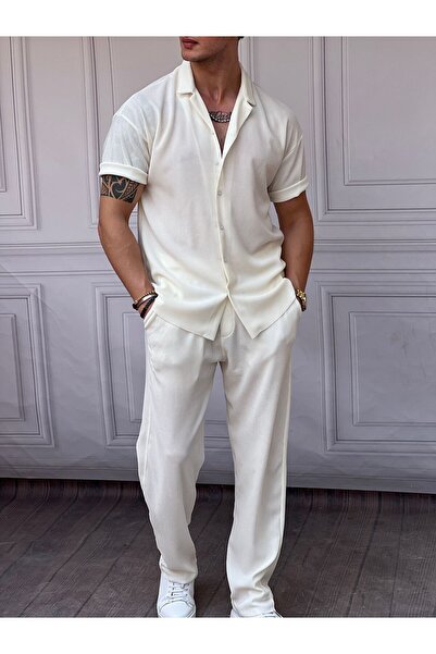 MODEFENDİ Erkek Beyaz ince fitil desenli Kisa Kollu Gömlek alt üst takım