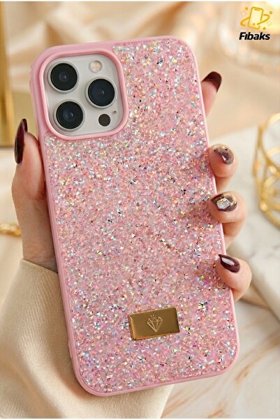 Fibaks Apple iPhone 16 Pro Kılıf Içi Kadife Elmas Tasarımlı Pembe Taşlı Işıltılı Pırlanta Silikon Kapak