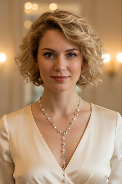 Birmem Kadın Gümüş Rengi İnci Kalp ve Zirkon Kalp Taşlı Y Model Çelik Kolye