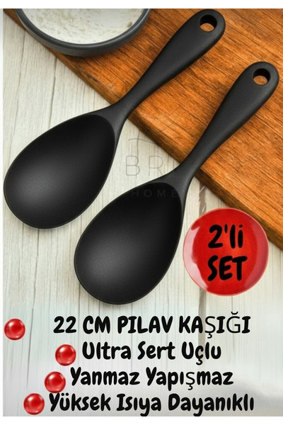 BRE HOME 22 Cm Sert Uçlu Silikon Yüksek Isıya Dayanıklı Pilav Kaşığı 2 Adet siyah
