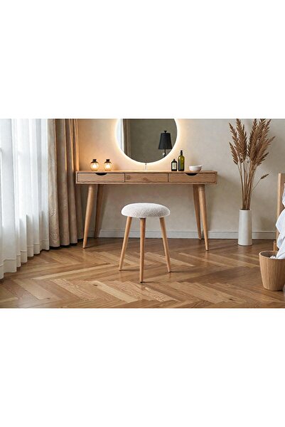 Framgan Modern Ahşap Ayaklı Teddy Kumaş Tabure – Makyaj Masası & Ayak Dinlendirme – Elegant Bej