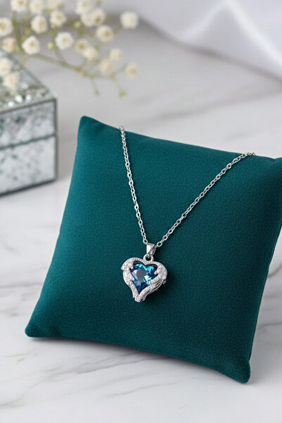 Birmem Kadın Gümüş Rengi Melek Kanatlı Okyanusun Kalbi Mavi Kristal Çelik Kolye