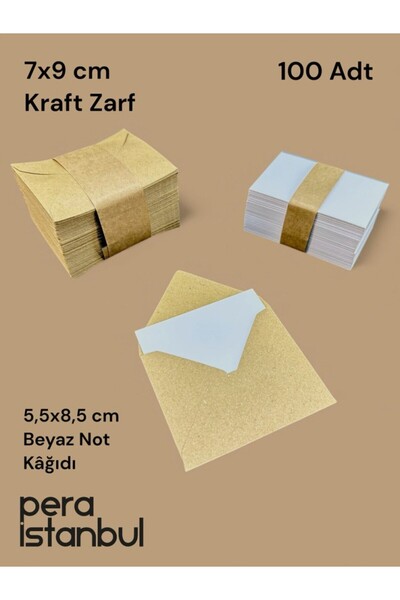 Pera İstanbul 100 Adet Mini Zarf 70mmx90mm Kraft Zarf Hediye Doğum Günü Dilekleri Zarfı Beyaz Not Kartlı