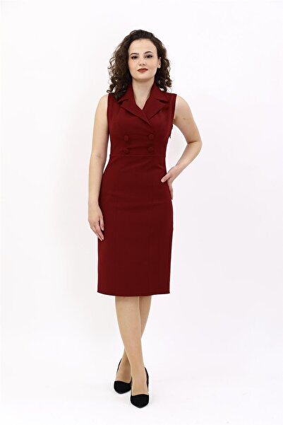 ÖNDER ÖZSOY Yakalı Kolsuz Düğmeli Elbise-Bordo