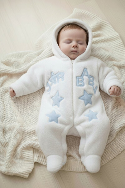 eomix kids bebek tulum kışlık welsoft kumaş nakış desenli şapkalı çıtçıtlı