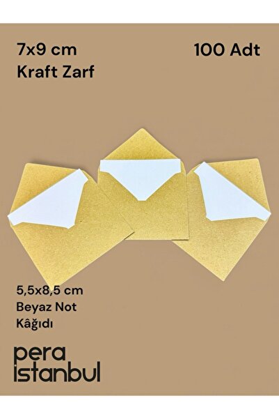 Pera İstanbul 100 Adet Mini Zarf 70mmx90mm Kraft Zarf Hediye Doğum Günü Dilekleri Zarfı Beyaz Not Kartlı