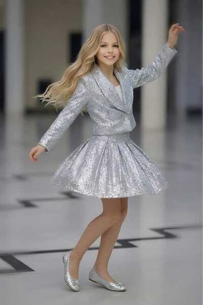 By Feyza Kids Collection By Feyza Girl's Silver Sequined 3 τεμαχίων Σετ Μπουφάν Φούστα Μπλούζα Συνδυασμός Πρωτοχρονιάτικο Φόρεμα 5-12 ετών